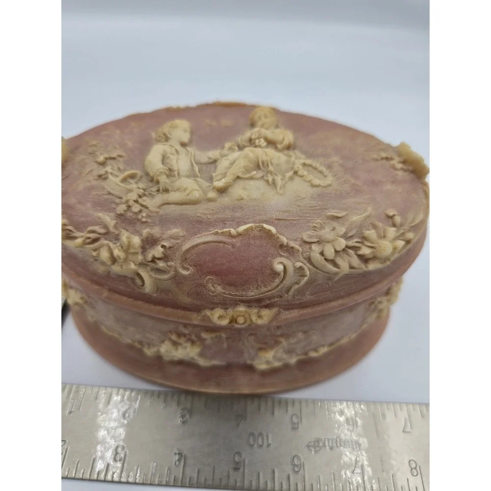 Vintage Incolay Stone Pink Box Victorian Scene Handcrafted USA Jewelry Floral